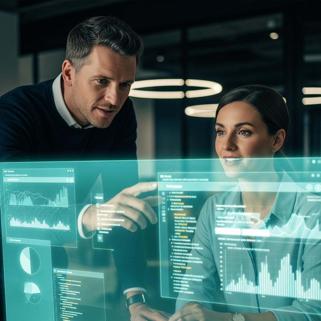 two people collaborating on a glowing screen in a dark modern office, warm cyan light, tech editorial, cinematic depth of field, welcoming and human