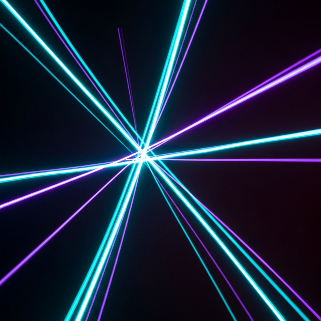 abstract glowing cyan and purple light streaks on deep dark background, motion blur, futuristic energy lines, high contrast editorial