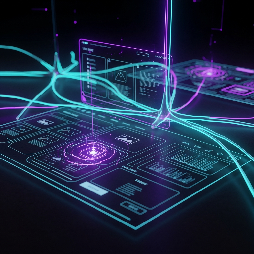 abstract AI website builder interface, glowing cyan and blue neural network lines forming a web page layout on a near-black background, electric purple accents, cinematic lighting, ultra high detail, editorial tech aesthetic