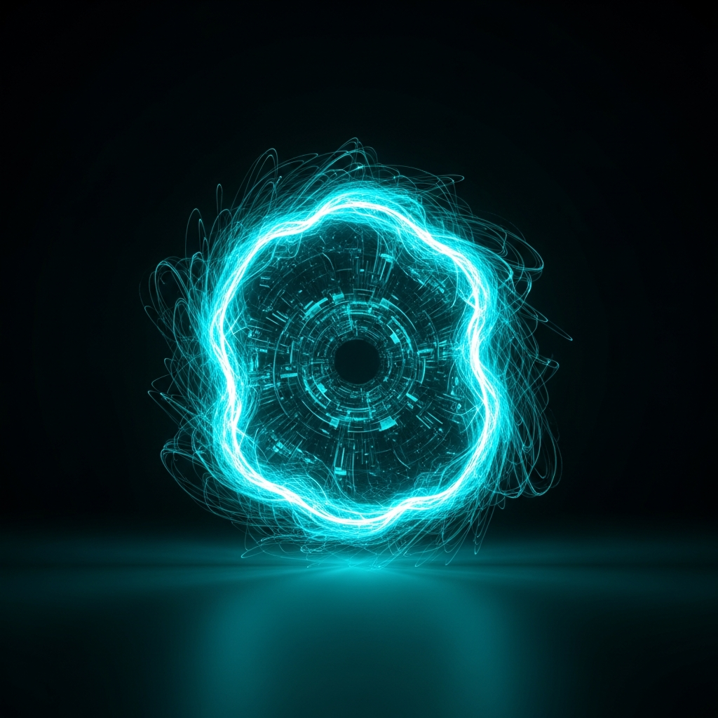 glowing cyan portal or vortex on dark background, futuristic energy, abstract tech, editorial high contrast