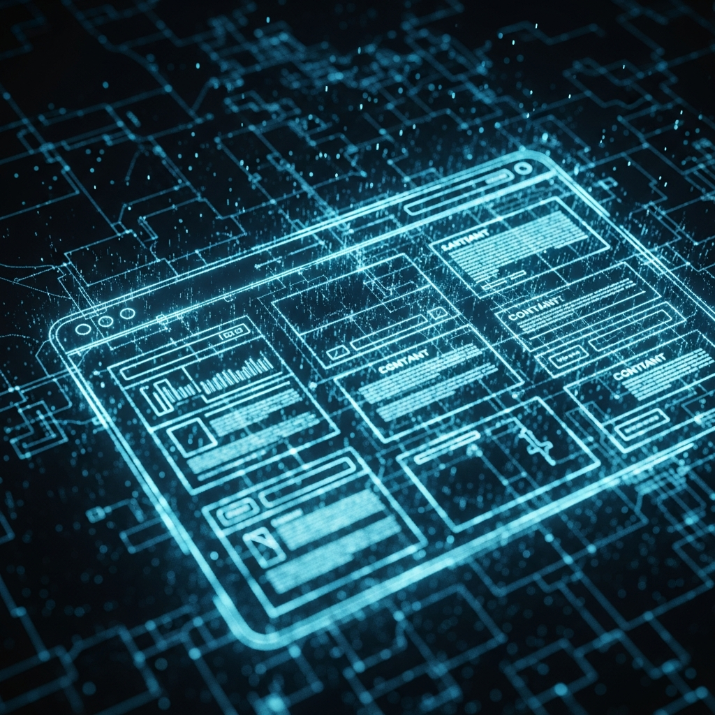 glowing digital blueprint of a website forming from light particles, electric cyan and blue on dark background, top-down architectural view, cinematic tech editorial