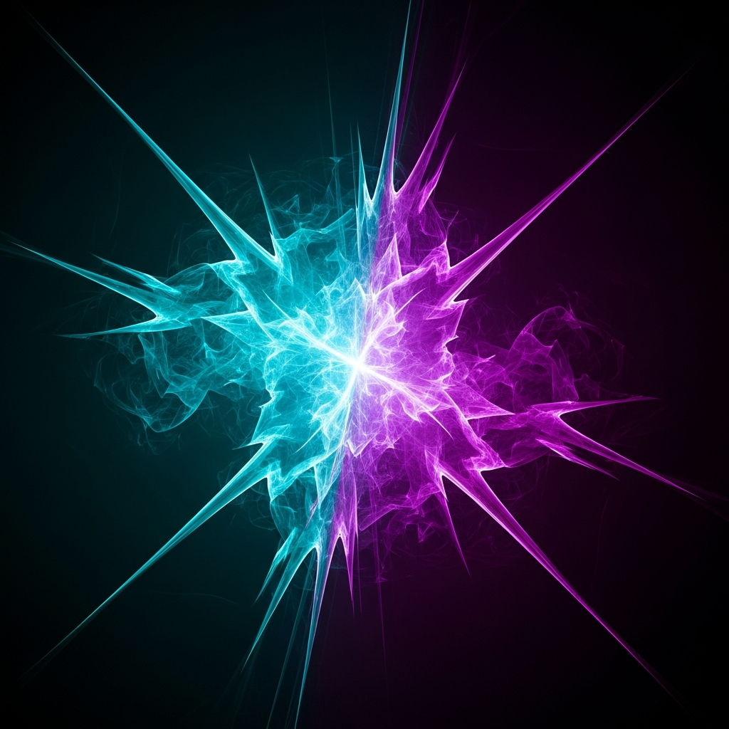 Electric cyan and purple light explosion on dark background, abstract energy burst, high contrast tech editorial