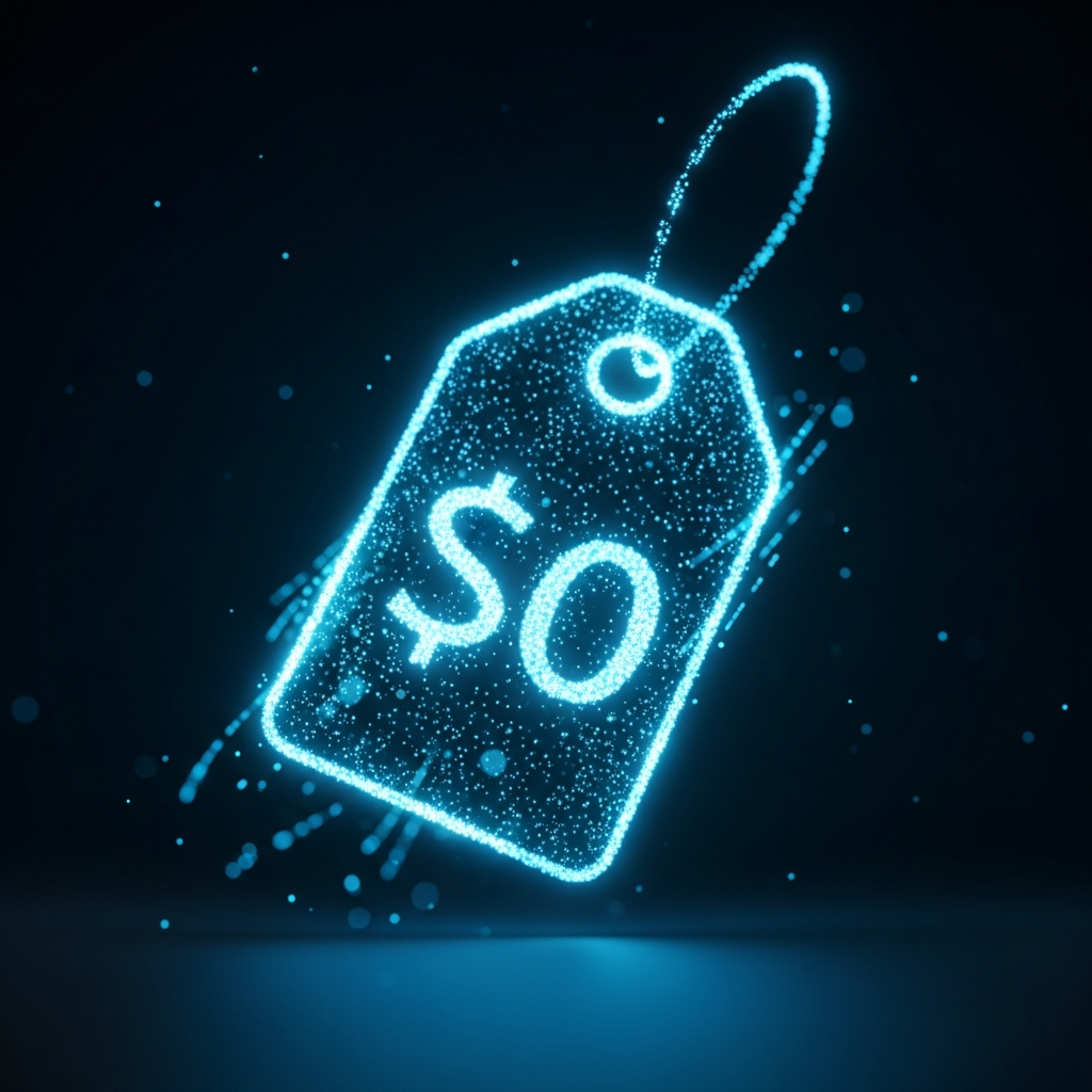 Abstract glowing price tag made of light particles, electric cyan and blue, dark background, cinematic editorial tech visual