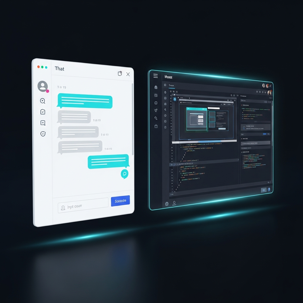 clean minimal UI showing a chat interface on the left and a website being built in real-time on the right, cyan and blue glow, dark background, split-screen editorial tech visual