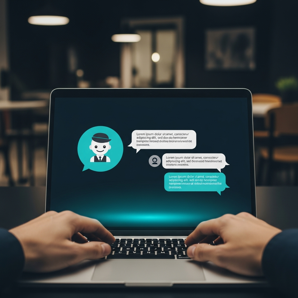 friendly conversational UI on a laptop screen, person typing answers about their business, warm cyan glow, dark modern office setting