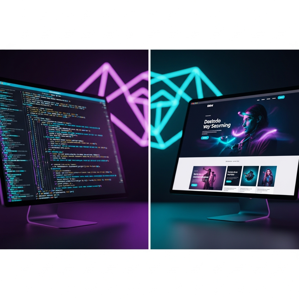 split screen showing AI code generating on left and a beautiful website rendering on right, cyan and purple neon, dark background, editorial technology aesthetic