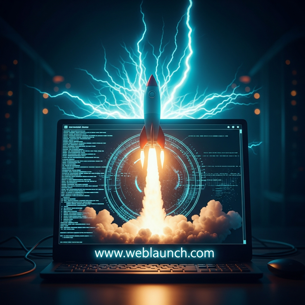 rocket launch metaphor meets website launch — glowing site URL appearing on screen with launch animation, electric cyan burst, dark background, tech editorial